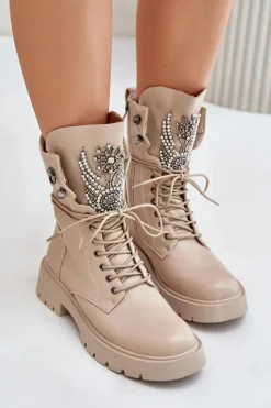 Eko Skórzane Botki Workery Ze Zdobieniem Ocieplane D&A MR880-080 Beżowe