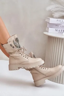 Eko Skórzane Botki Workery Ze Zdobieniem Ocieplane D&A MR880-080 Beżowe