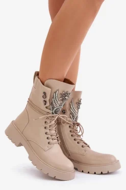 Eko Skórzane Botki Workery Ze Zdobieniem Ocieplane D&A MR880-080 Beżowe