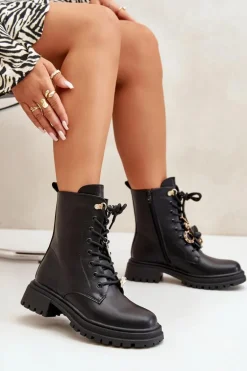Eko Skórzane Botki Workery Damskie Z Przypinkami Czarne Rianael