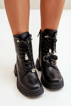 Eko Skórzane Botki Workery Damskie Z Przypinkami Czarne Rianael