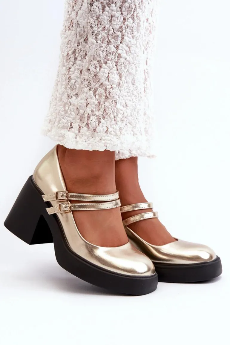 Eko Skórzane Czółenka Na Masywnym Obcasie Złote Halmina