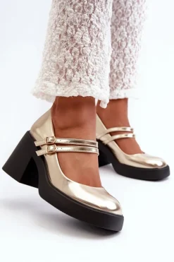 Eko Skórzane Czółenka Na Masywnym Obcasie Złote Halmina