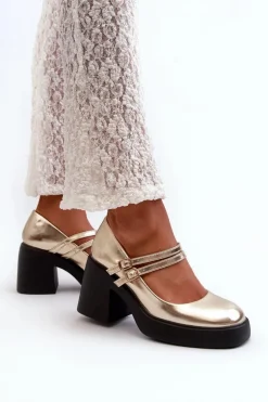 Eko Skórzane Czółenka Na Masywnym Obcasie Złote Halmina