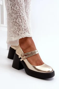 Eko Skórzane Czółenka Na Masywnym Obcasie Złote Halmina