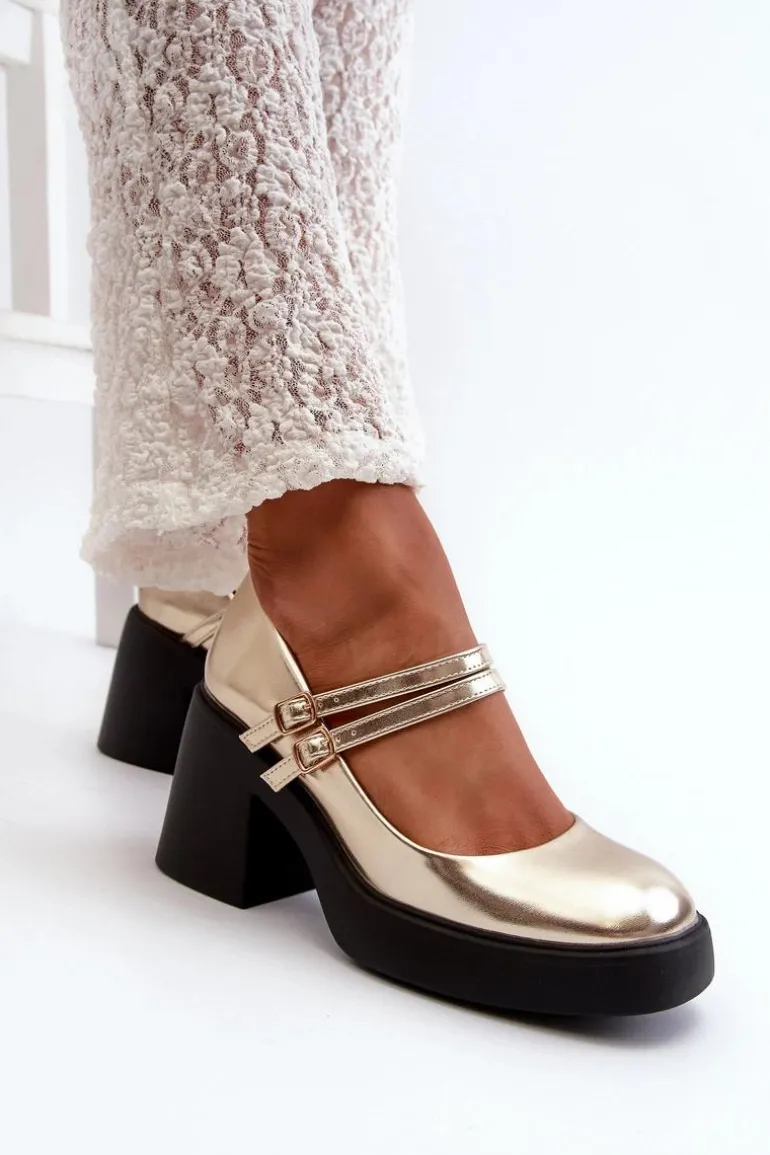 Eko Skórzane Czółenka Na Masywnym Obcasie Złote Halmina