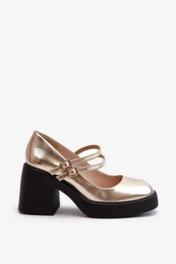 Eko Skórzane Czółenka Na Masywnym Obcasie Złote Halmina