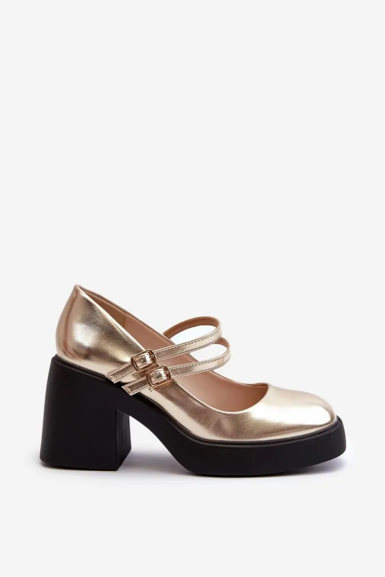 Eko Skórzane Czółenka Na Masywnym Obcasie Złote Halmina