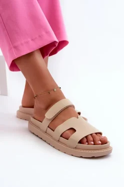 Eko Skórzane Klapki Damskie Na Rzep Jasnobeżowe Silaka