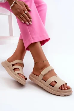 Eko Skórzane Klapki Damskie Na Rzep Jasnobeżowe Silaka