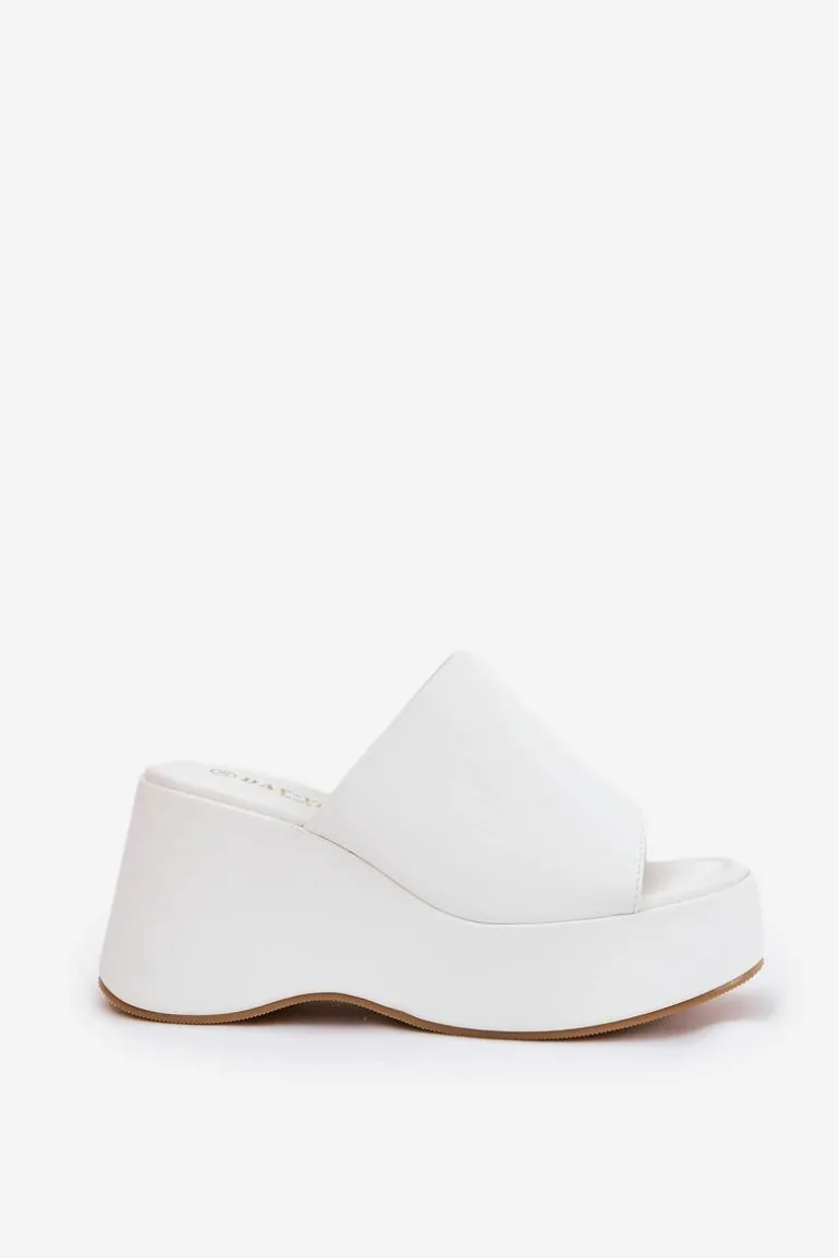 Eko Skórzane Klapki Damskie Na Platformie I Koturnie Białe Kisoffi