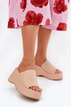 Eko Skórzane Klapki Damskie Na Platformie I Koturnie Beżowe Kisoffi