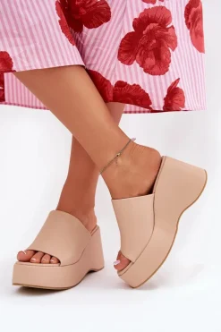 Eko Skórzane Klapki Damskie Na Platformie I Koturnie Beżowe Kisoffi