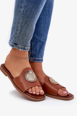 Eko Skórzane Klapki Na Płaskim Obcasie Z Ozdoba Camel Tatereia