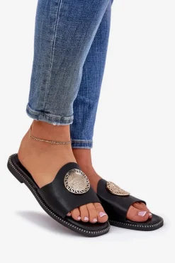 Eko Skórzane Klapki Na Płaskim Obcasie Z Ozdoba Czarne Tatereia