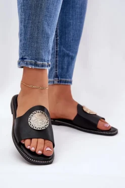 Eko Skórzane Klapki Na Płaskim Obcasie Z Ozdoba Czarne Tatereia