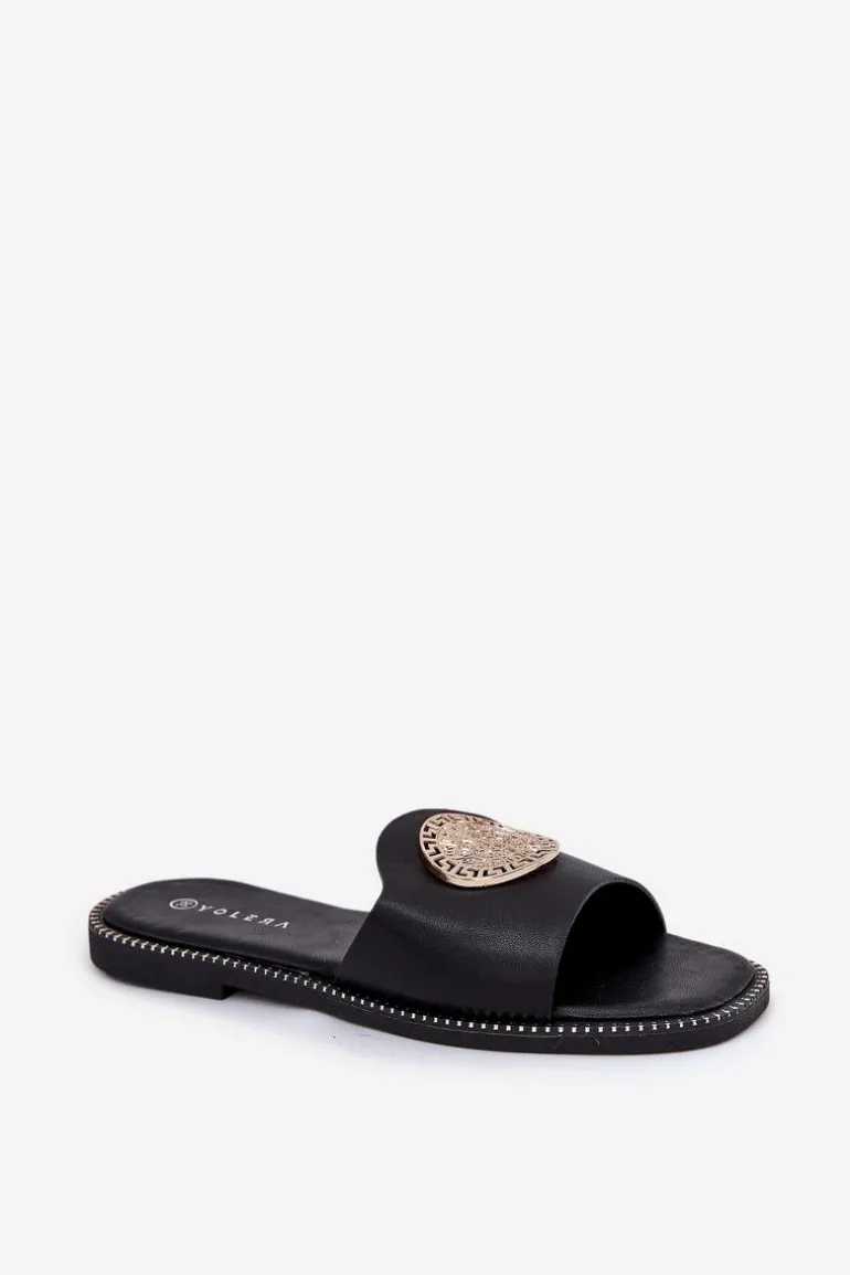 Eko Skórzane Klapki Na Płaskim Obcasie Z Ozdoba Czarne Tatereia