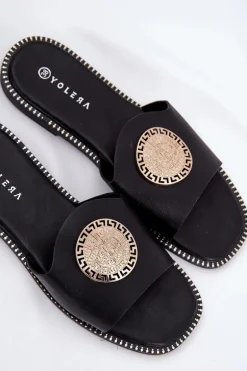 Eko Skórzane Klapki Na Płaskim Obcasie Z Ozdoba Czarne Tatereia