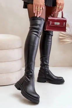 Eko Skórzane Kozaki Za Kolano Na Płaskim Obcasie Czarne Santira