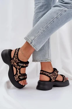 Eko Skórzane Lekkie Sandały Na Platformie Panterka Brązowe Deniffia