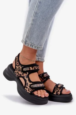 Eko Skórzane Lekkie Sandały Na Platformie Panterka Brązowe Deniffia