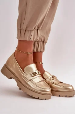 Eko Skórzane Mokasyny Damskie Z Ozdobą Złote Zanita