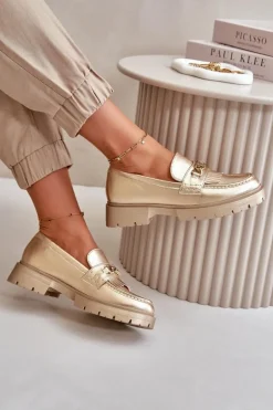 Eko Skórzane Mokasyny Damskie Z Ozdobą Złote Zanita