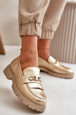 Eko Skórzane Mokasyny Damskie Z Ozdobą Złote Zanita