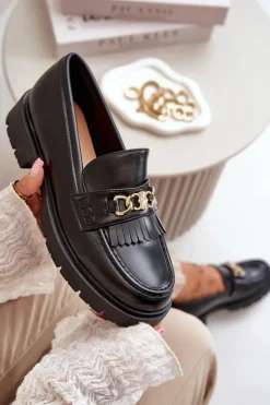 Eko Skórzane Mokasyny Damskie Ze Złotą Ozdobą Czarne Zanita