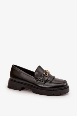Eko Skórzane Mokasyny Damskie Ze Złotą Ozdobą Czarne Zanita
