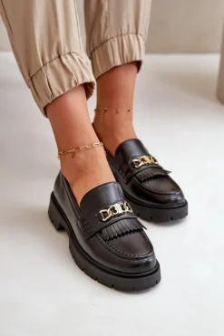 Eko Skórzane Mokasyny Damskie Ze Złotą Ozdobą Czarne Zanita