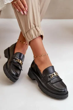 Eko Skórzane Mokasyny Damskie Ze Złotą Ozdobą Czarne Zanita