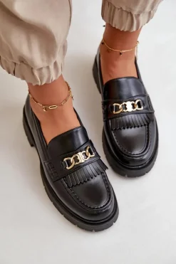 Eko Skórzane Mokasyny Damskie Ze Złotą Ozdobą Czarne Zanita