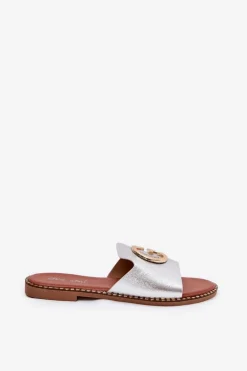 Eko Skórzane Płaskie Klapki Damskie Z Ozdobnym Detalem Srebrne Frelie