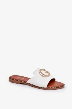 Eko Skórzane Płaskie Klapki Damskie Z Ozdobnym Detalem Białe Frelie