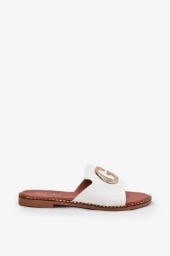 Eko Skórzane Płaskie Klapki Damskie Z Ozdobnym Detalem Białe Frelie