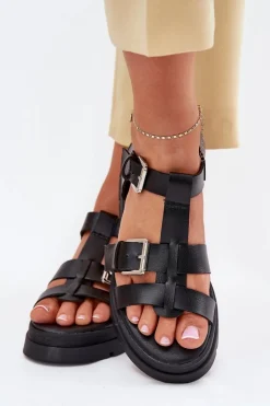 Eko Skórzane Sandały Damskie Z Klamrami Czarne Mireza