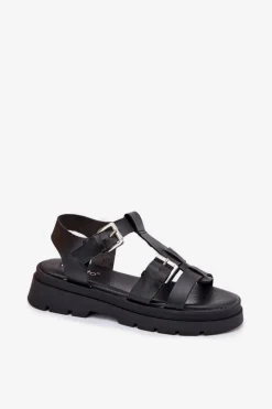 Eko Skórzane Sandały Damskie Z Klamrami Czarne Mireza