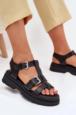 Eko Skórzane Sandały Damskie Z Klamrami Czarne Mireza