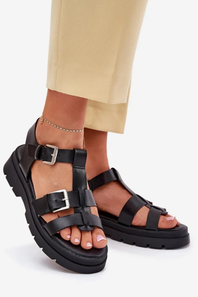 Eko Skórzane Sandały Damskie Z Klamrami Czarne Mireza