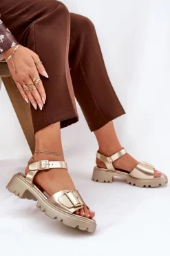 Eko Skórzane Sandały Damskie Z Klamrą Złote Gofielle