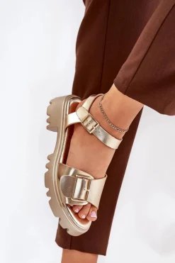 Eko Skórzane Sandały Damskie Z Klamrą Złote Gofielle