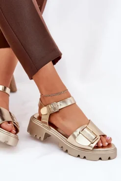 Eko Skórzane Sandały Damskie Z Klamrą Złote Gofielle