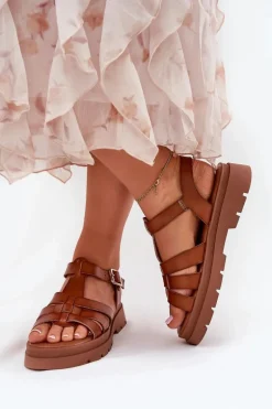 Eko Skórzane Sandały Damskie Na Platformie Camel Nendales