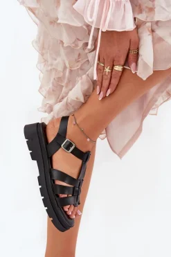 Eko Skórzane Sandały Damskie Na Platformie Czarne Nendales