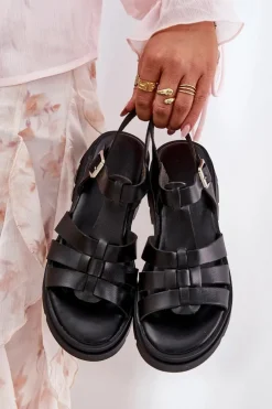 Eko Skórzane Sandały Damskie Na Platformie Czarne Nendales