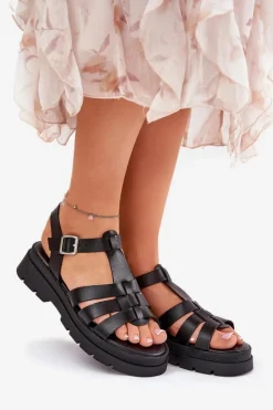 Eko Skórzane Sandały Damskie Na Platformie Czarne Nendales