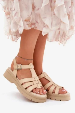 Eko Skórzane Sandały Damskie Na Platformie Beżowe Nendales