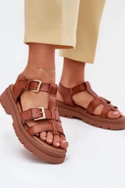 Eko Skórzane Sandały Damskie Z Klamrami Camel Mireza