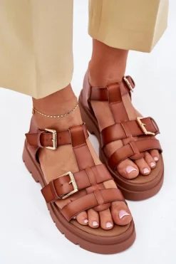 Eko Skórzane Sandały Damskie Z Klamrami Camel Mireza